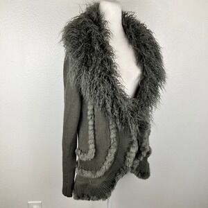 Laseine Women Grey Faux Fur Trim Knit Cardigan Sweater Indie Whimsigoth Large